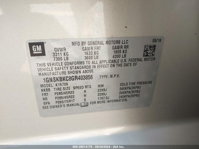 Chevrolet Tahoe Lt 2016 1GNSKBKC8GR403856 Image 9