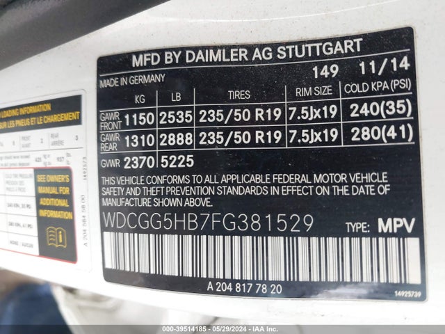 WDCGG5HB7FG381529 Mercedes-Benz GLK 350