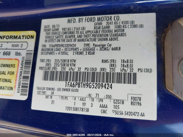 Ford Mustang Ecoboost 2016 1FA6P8TH9G5209424 Image 9