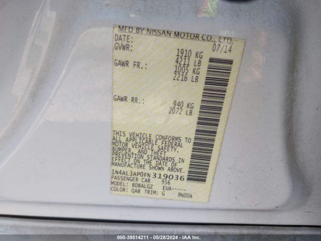 1N4AL3AP0FN319036 Nissan Altima 2.5/2.5 S/2.5 Sl/2.5 Sv