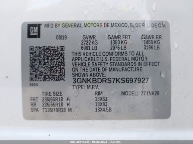 3GNKBDRS7KS697927 Chevrolet Blazer