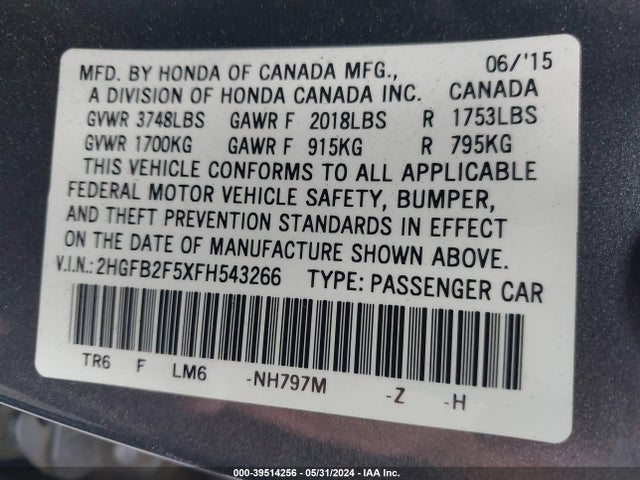 Honda Civic Lx 2015 2HGFB2F5XFH543266 Image 9