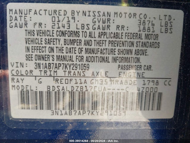 Nissan SENTRA SV 2019 3N1AB7AP7KY291059 Image 9