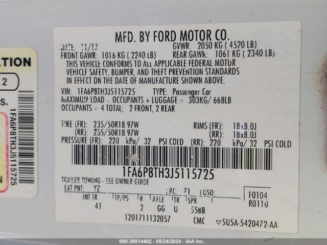 1FA6P8TH3J5115725 Ford Mustang Ecoboost
