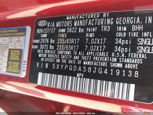 KIA Sorento 3.3l Lx 2018 5XYPGDA58JG419138 Image 9