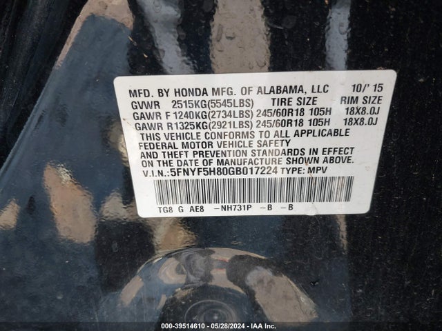 Honda Pilot Ex-l 2016 5FNYF5H80GB017224 Image 9
