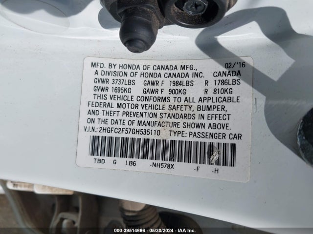Honda Civic Lx 2016 2HGFC2F57GH535110 Image 9