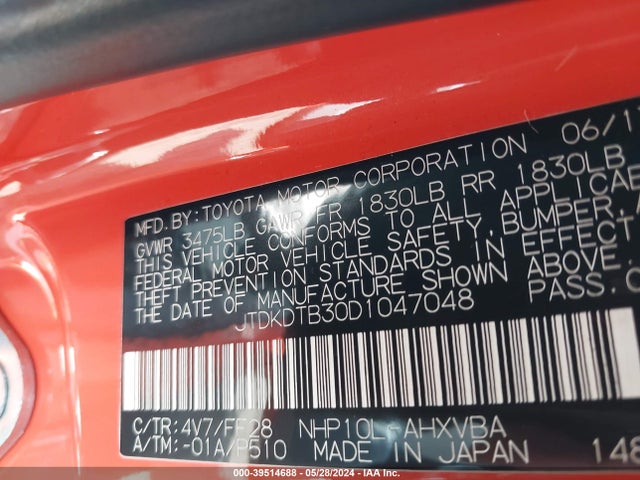 39514688 :رقم المزاد ، JTDKDTB30D1047048 vin ، 2013 Toyota Prius C Two مزاد بيع