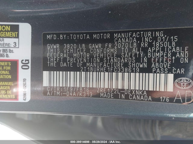 Toyota Corolla Le Plus 2015 2T1BURHE1FC338619 Image 9