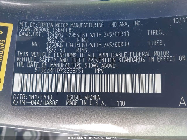 Toyota Highlander Le/le Plus 2019 5TDZZRFHXKS358754 Image 9