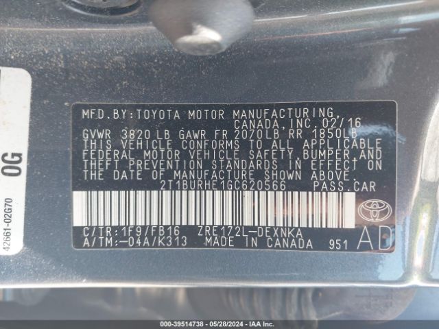 2T1BURHE1GC620566 Toyota Corolla Le Plus