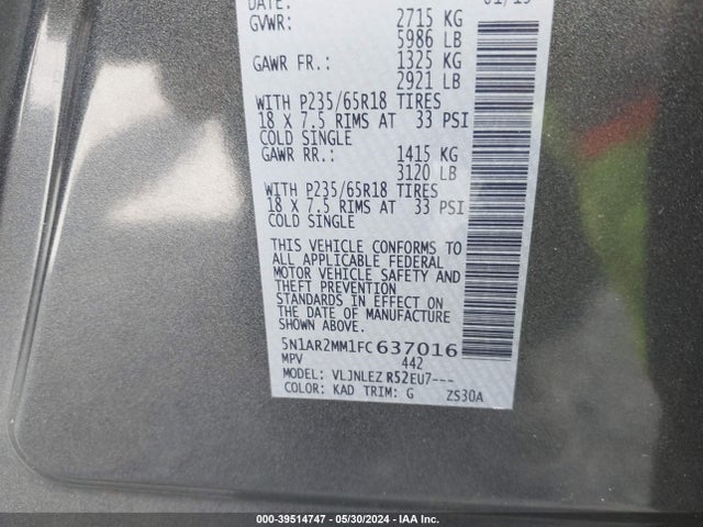 Nissan Pathfinder Platinum/s/sl/sv 2015 5N1AR2MM1FC637016 Image 9