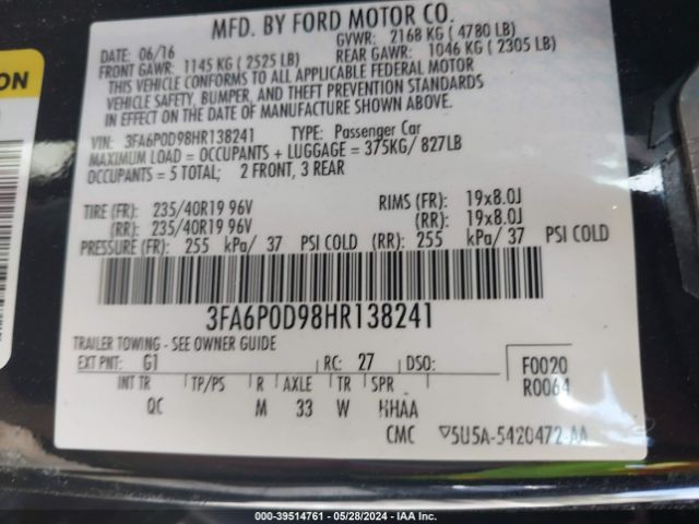 2017 FORD FUSION 3FA6P0D98HR138241 Photo 8