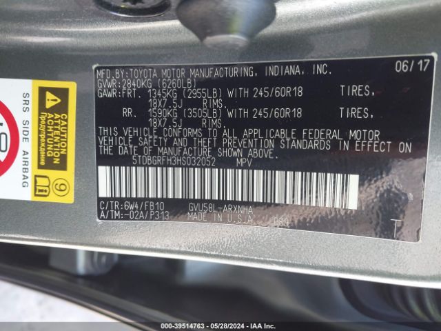 5TDBGRFH3HS032052 Toyota Highlander Hybrid Le