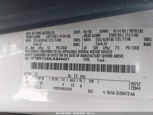 Ford Transit-250 2020 1FTBR1C89LKB44421 Image 9