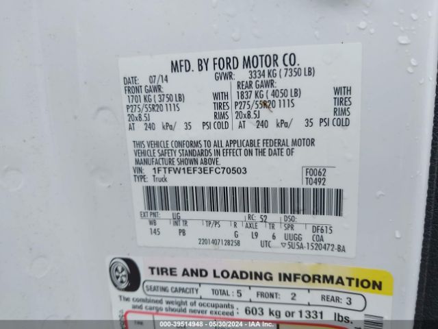 1FTFW1EF3EFC70503 Ford F-150 Platinum