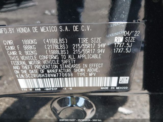 3CZRU6H38NM770698 Honda Hr-v Awd Lx