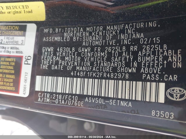 Toyota CAMRY LE 2015 4T4BF1FK2FR482978 Image 9