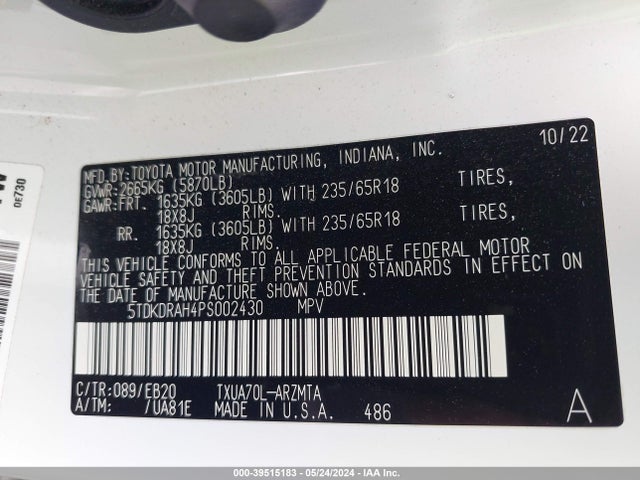 Toyota Highlander Xle 2023 5TDKDRAH4PS002430 Image 9