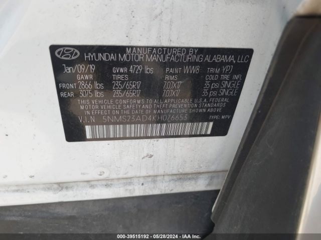 5NMS23AD4KH076653 Hyundai Santa Fe Se
