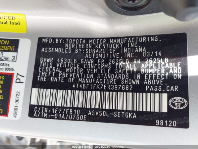 4T4BF1FK7ER397682 Toyota CAMRY XLE