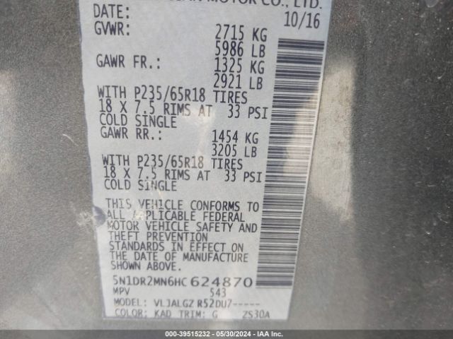 5N1DR2MN6HC624870 Nissan Pathfinder Sl