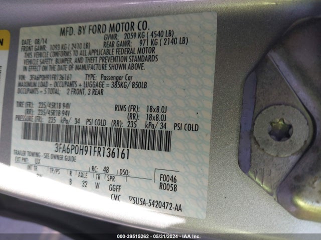 Ford FUSION SE 2015 3FA6P0H91FR136161 Image 9