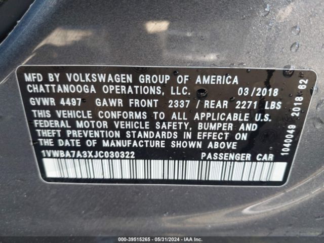 1VWBA7A3XJC030322 Volkswagen Passat 2.0t Se
