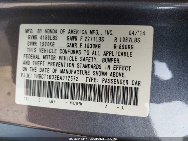 Honda Accord Lx-s 2014 1HGCT1B39EA012572 Image 9