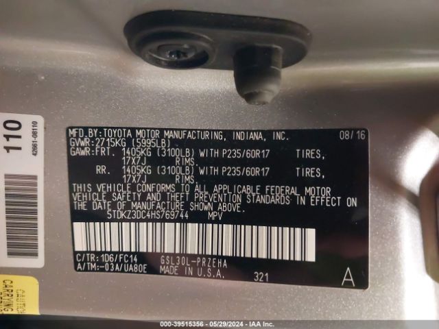 5TDKZ3DC4HS769744 Toyota Sienna Le 8 Passenger