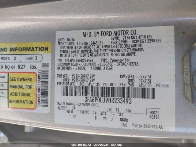 3FA6P0LU9HR233493 Ford Fusion Hybrid Se