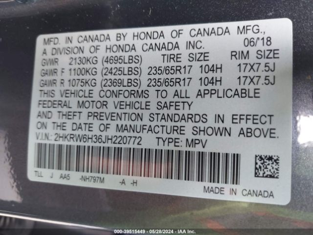 2HKRW6H36JH220772 Honda CR-V LX
