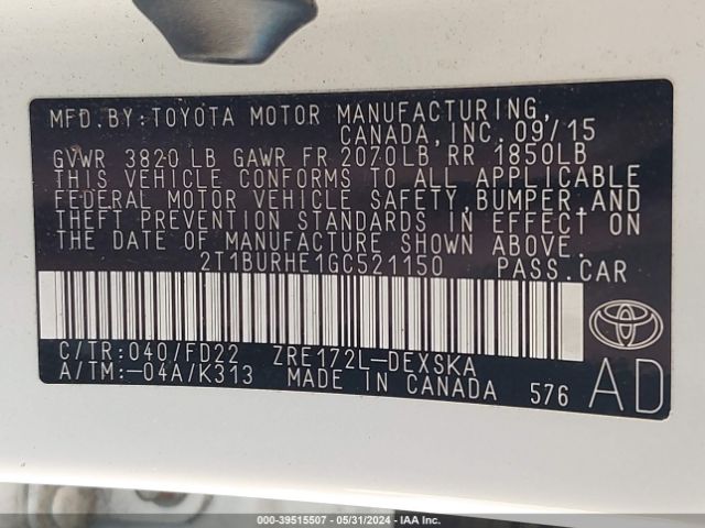2T1BURHE1GC521150 Toyota Corolla S