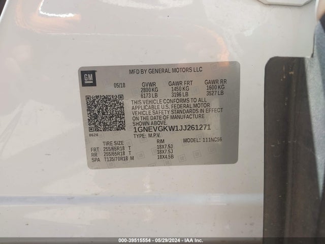 Chevrolet Traverse 1lt 2018 1GNEVGKW1JJ261271 Image 9