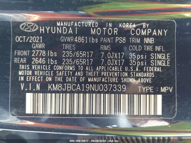 KM8JBCA19NU037339 Hyundai Tucson Hybrid Blue