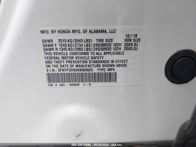 Honda Pilot Touring 2019 5FNYF5H93KB009023 Image 9