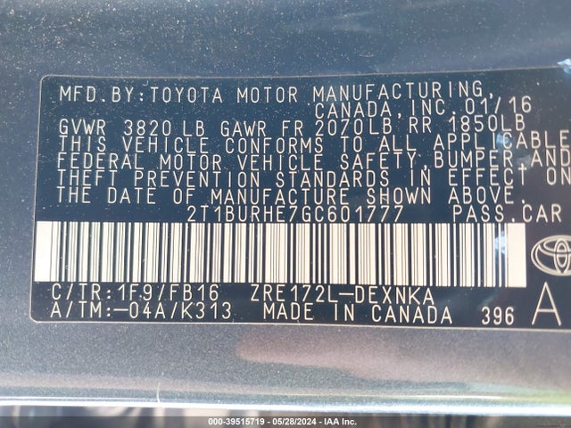 Toyota COROLLA LE 2016 2T1BURHE7GC601777 Image 9