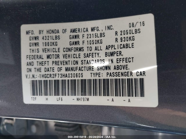 Honda ACCORD EX 2017 1HGCR2F73HA030605 Image 9