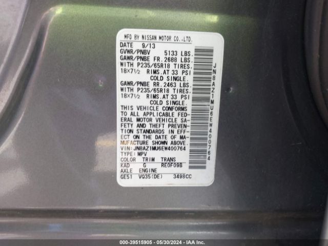 JN8AZ1MU6EW400764 Nissan MURANO S