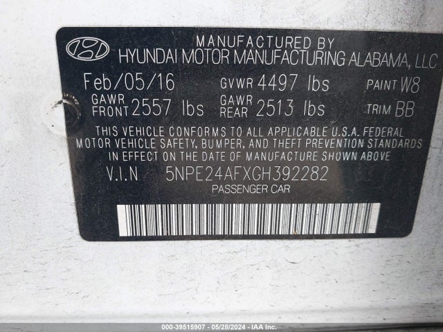 Hyundai SONATA SE 2016 5NPE24AFXGH392282 Image 9
