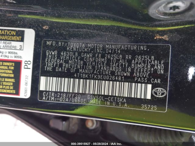 4T1BK1FK9EU026481 Toyota Camry Se V6
