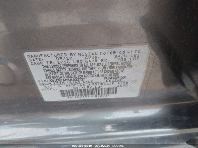 3N1CN7AP3JL822737 Nissan Versa 1.6 Sv