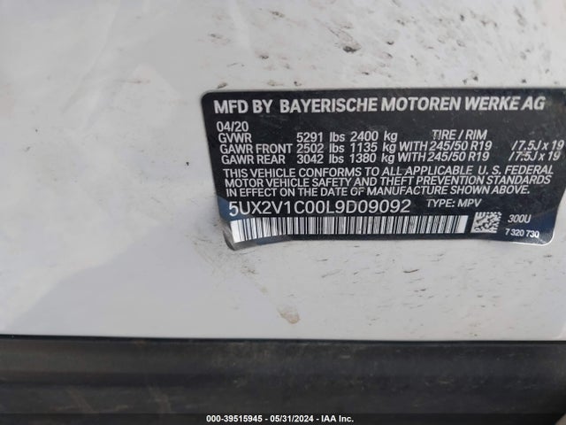 5UX2V1C00L9D09092 BMW X4 Xdrive30i