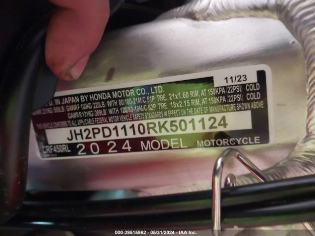 2024 HONDA CRF450 JH2PD1110RK501124 Photo 9