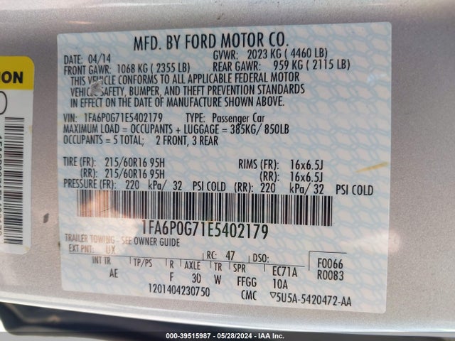 Ford FUSION S 2014 1FA6P0G71E5402179 Image 9