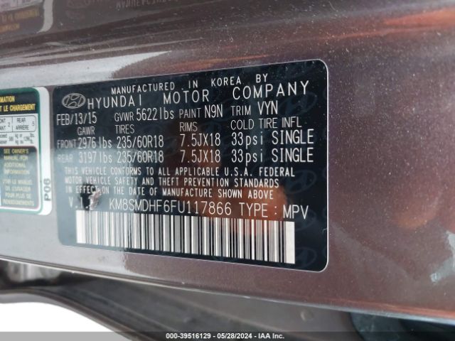 KM8SMDHF6FU117866 Hyundai Santa Fe Gls