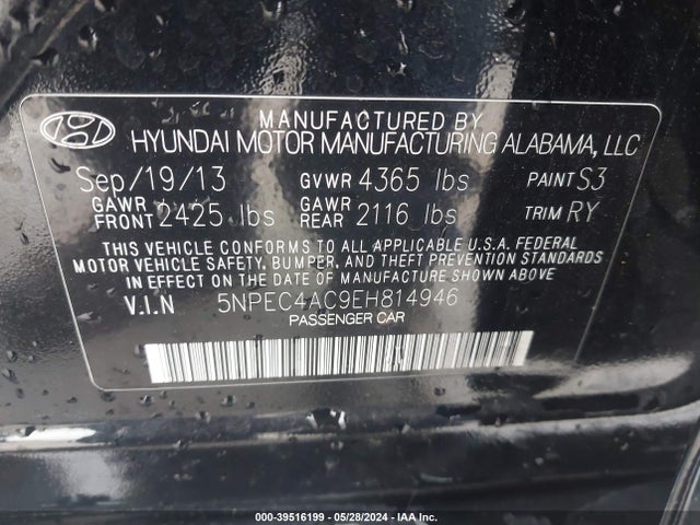 Hyundai Sonata Limited 2014 5NPEC4AC9EH814946 Image 9