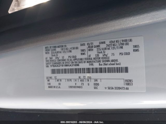1FBAX2Y81MKA31696 Ford Transit-350 Passenger Van Xlt
