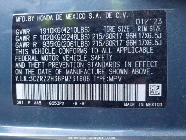 3CZRZ2H36PM731606 Honda Hr-v Awd Lx