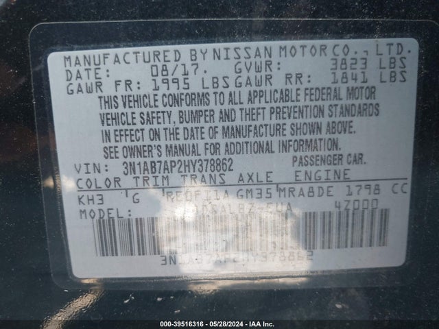Nissan SENTRA S 2017 3N1AB7AP2HY378862 Image 9